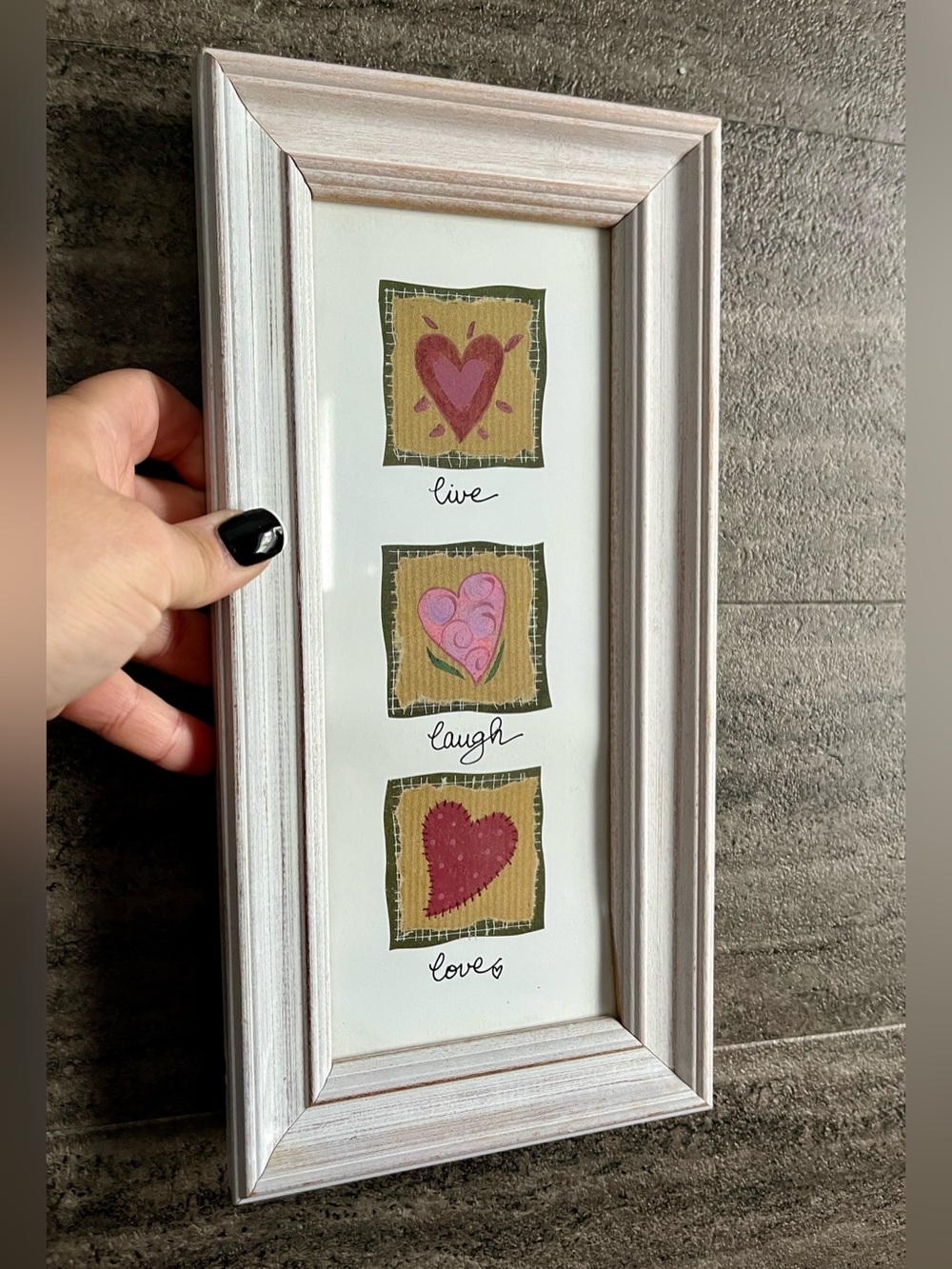 Vintage 99’ Diane Stimson Live Laugh Love Framed Folk Art Encouraging Panel 12”L